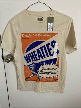 Hanes Cream Wheaties Retro Graphic Tee with Orange & Blue Print